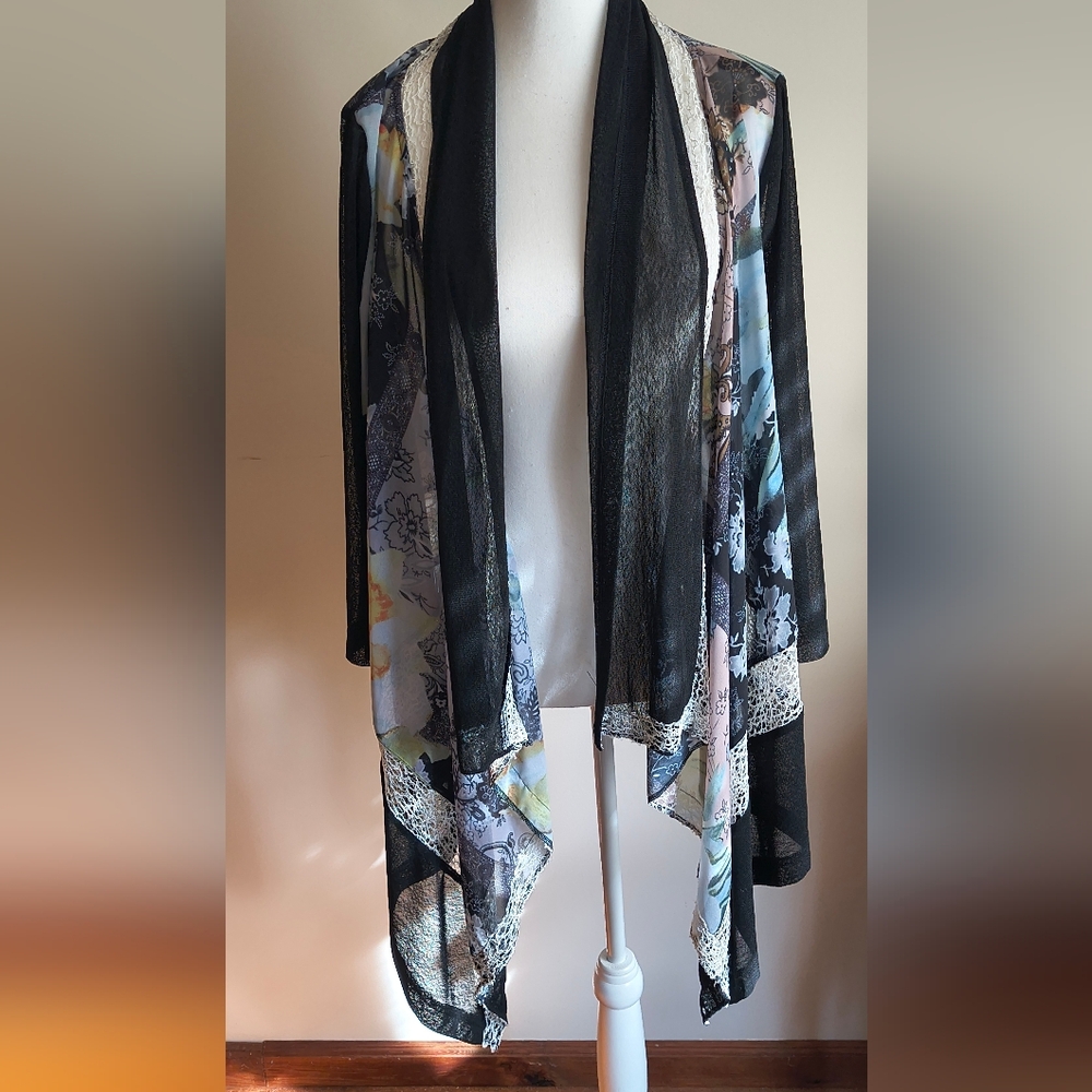 Ania A Black Sheer Floral Open Front Drape Cardigan Women's Size XL Boho